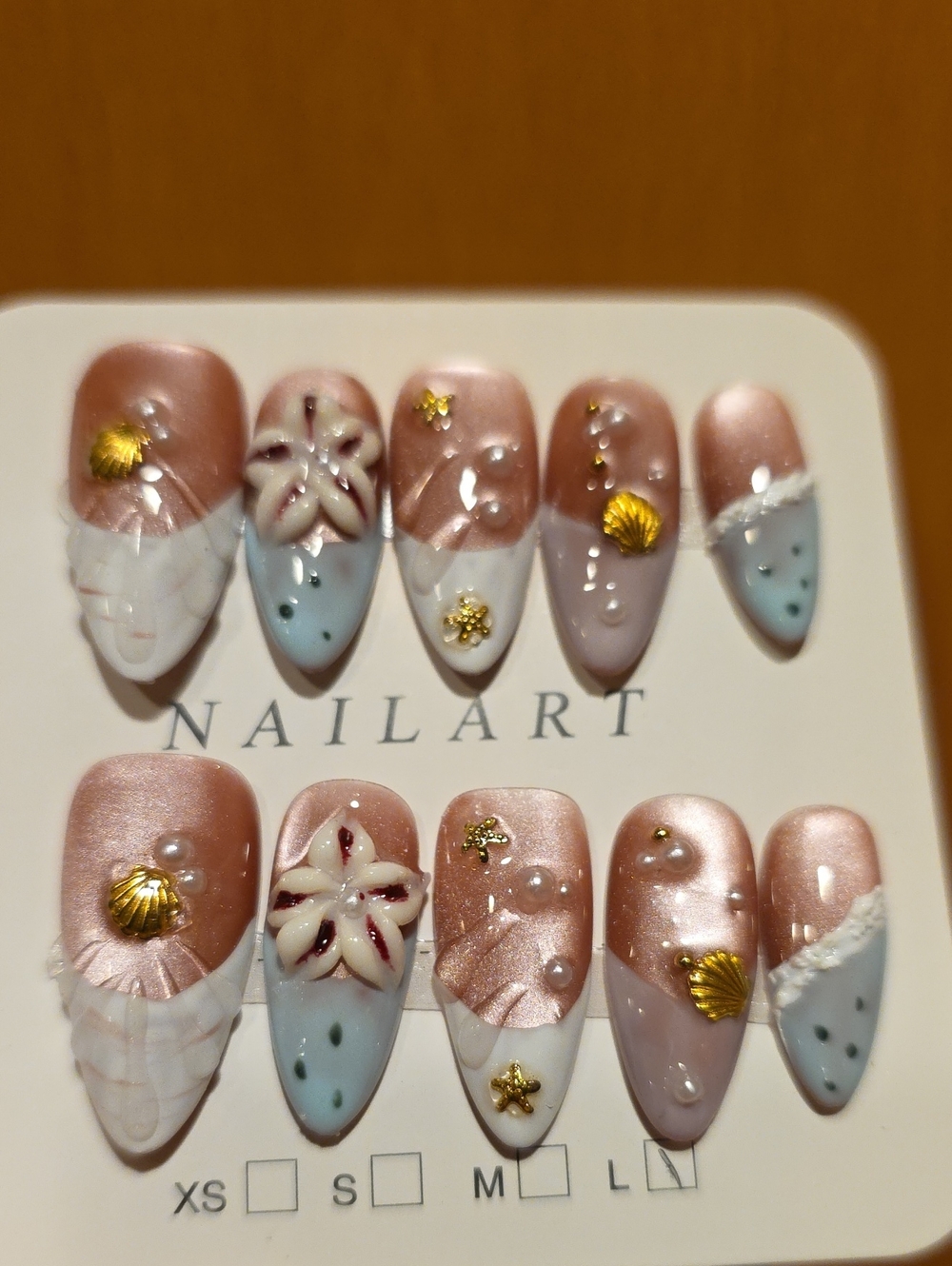 Handcrafted Rose Gold and Light Blue Seashell Nail Set Large